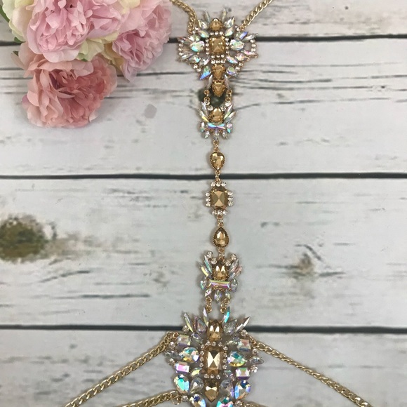 Boho Long Crystal Rhinestone Body Necklace Harness - Picture 5 of 8